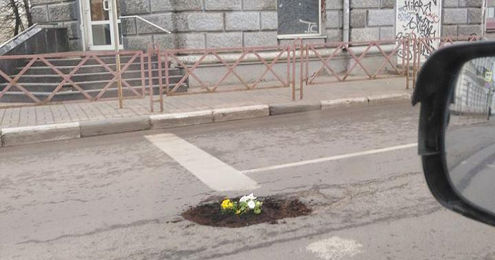 Фото дня. Ярославцы посадили цветы в яму на дороге
