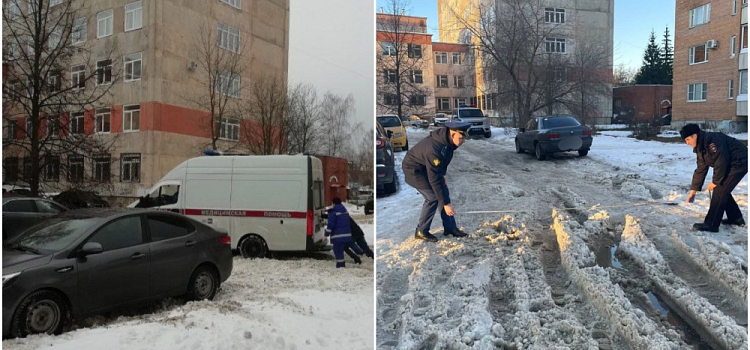 В Рыбинске машина скорой помощи застряла в не чищенном от снега дворе